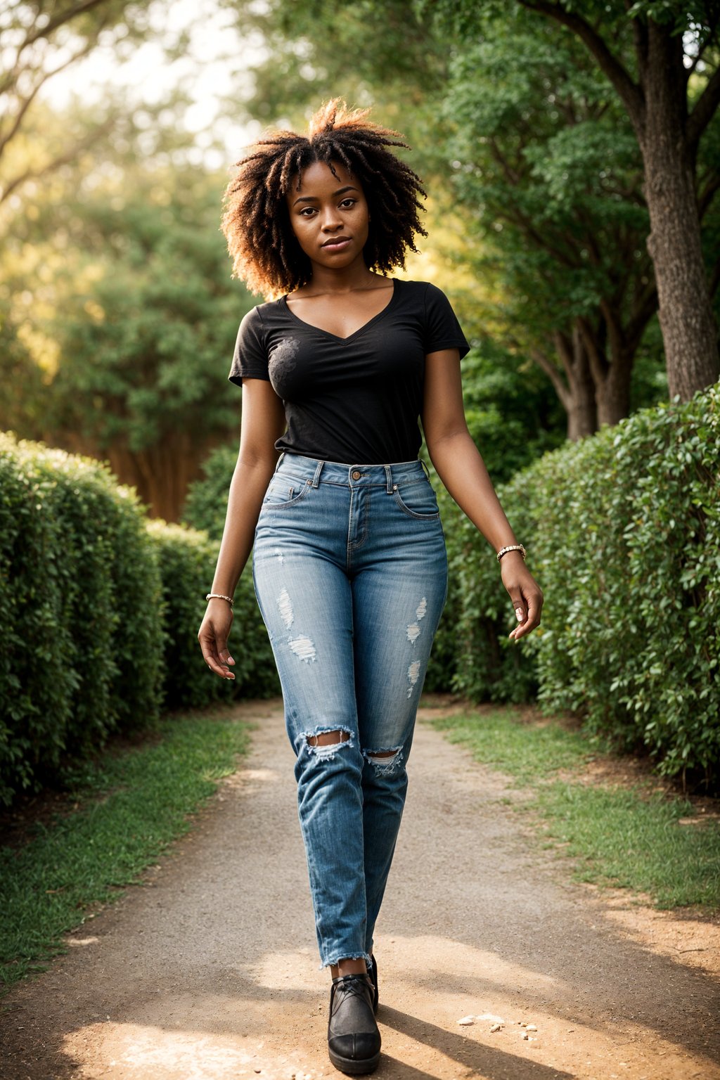 full body shot of smiling woman in engagement photoshoot. engagement style. wearing casual clothes.  golden hour