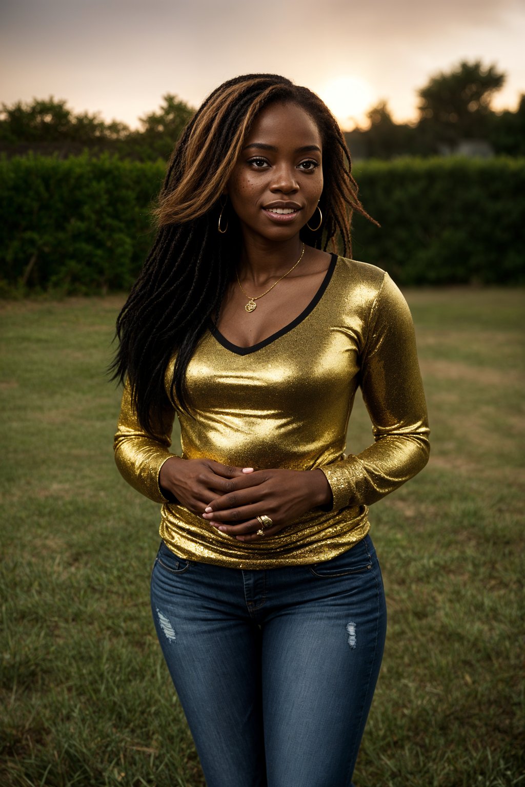 full body shot of smiling woman in engagement photoshoot. engagement style. wearing casual clothes.  golden hour