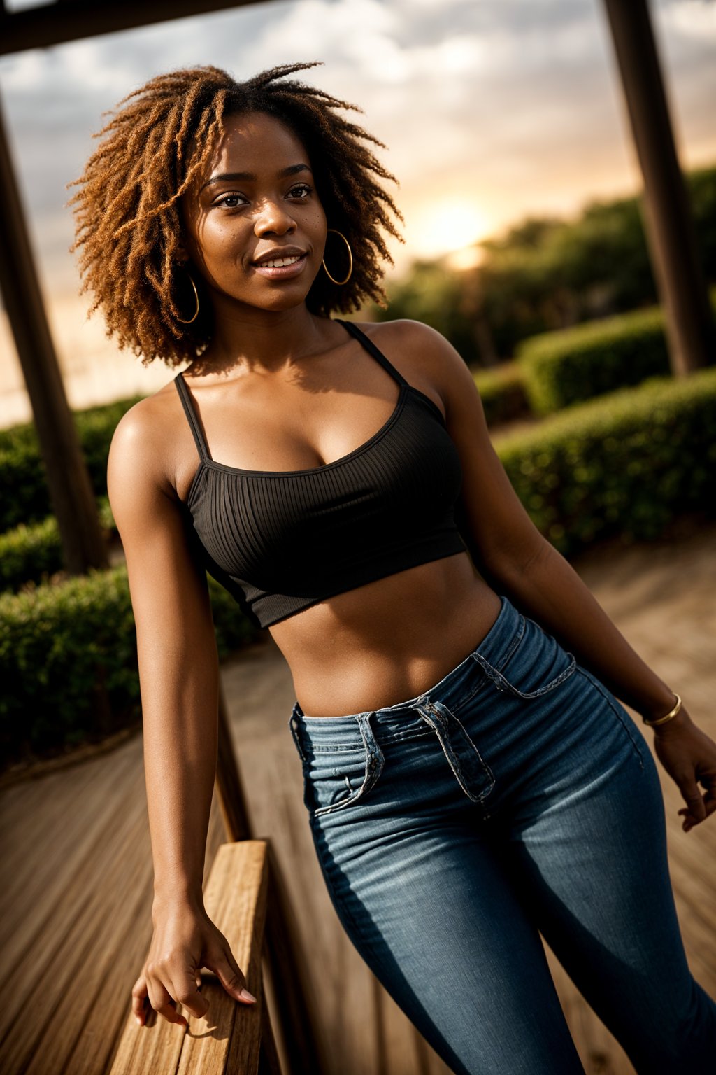 full body shot of smiling woman in engagement photoshoot. engagement style. wearing casual clothes.  golden hour