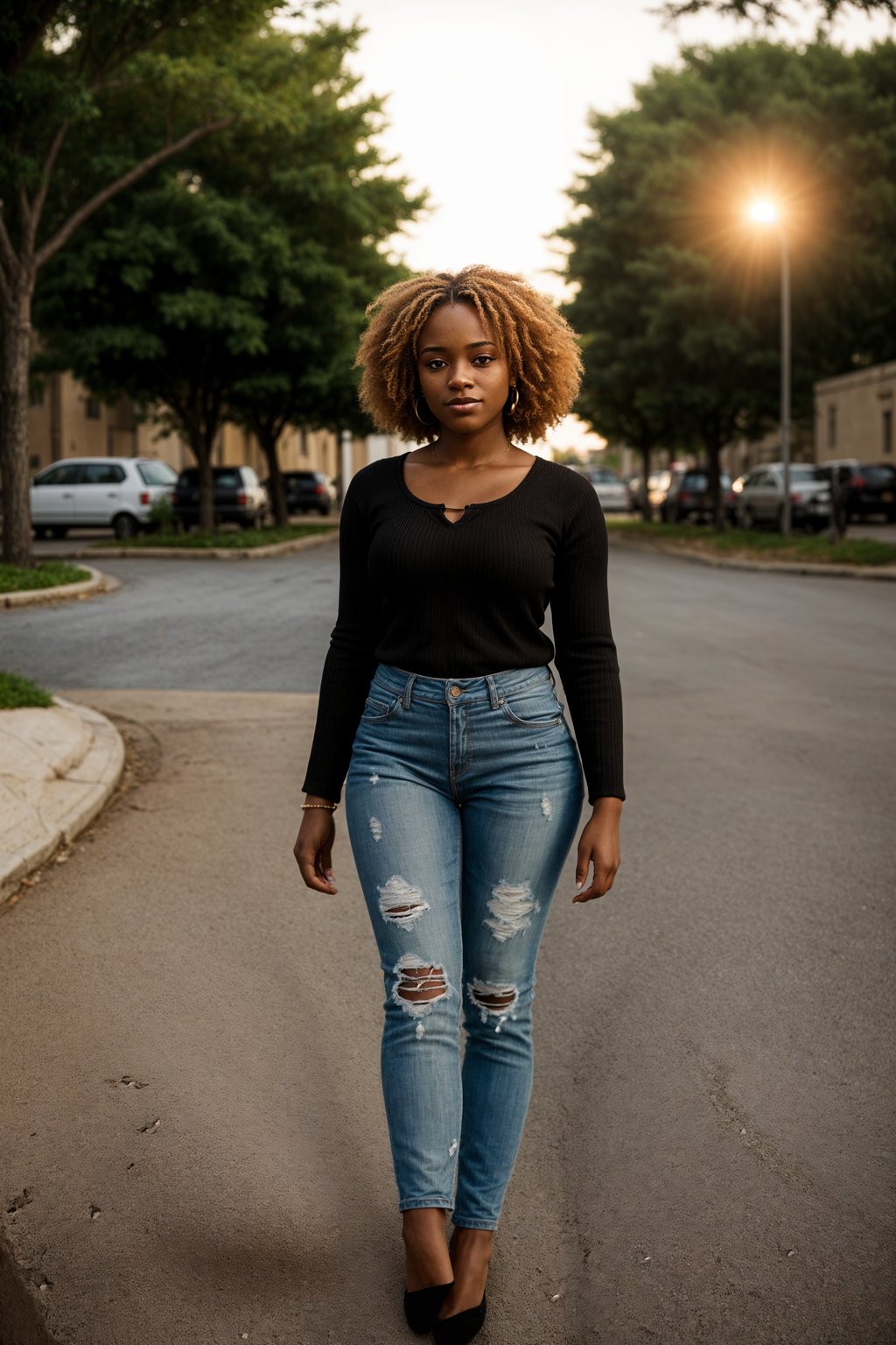 full body shot of smiling woman in engagement photoshoot. engagement style. wearing casual clothes.  golden hour