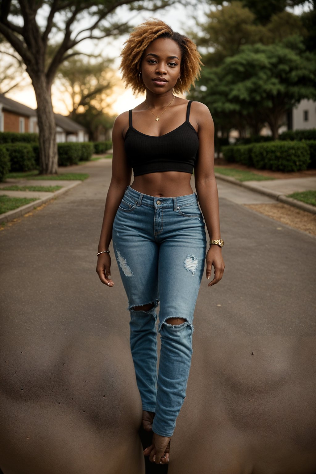 full body shot of smiling woman in engagement photoshoot. engagement style. wearing casual clothes.  golden hour