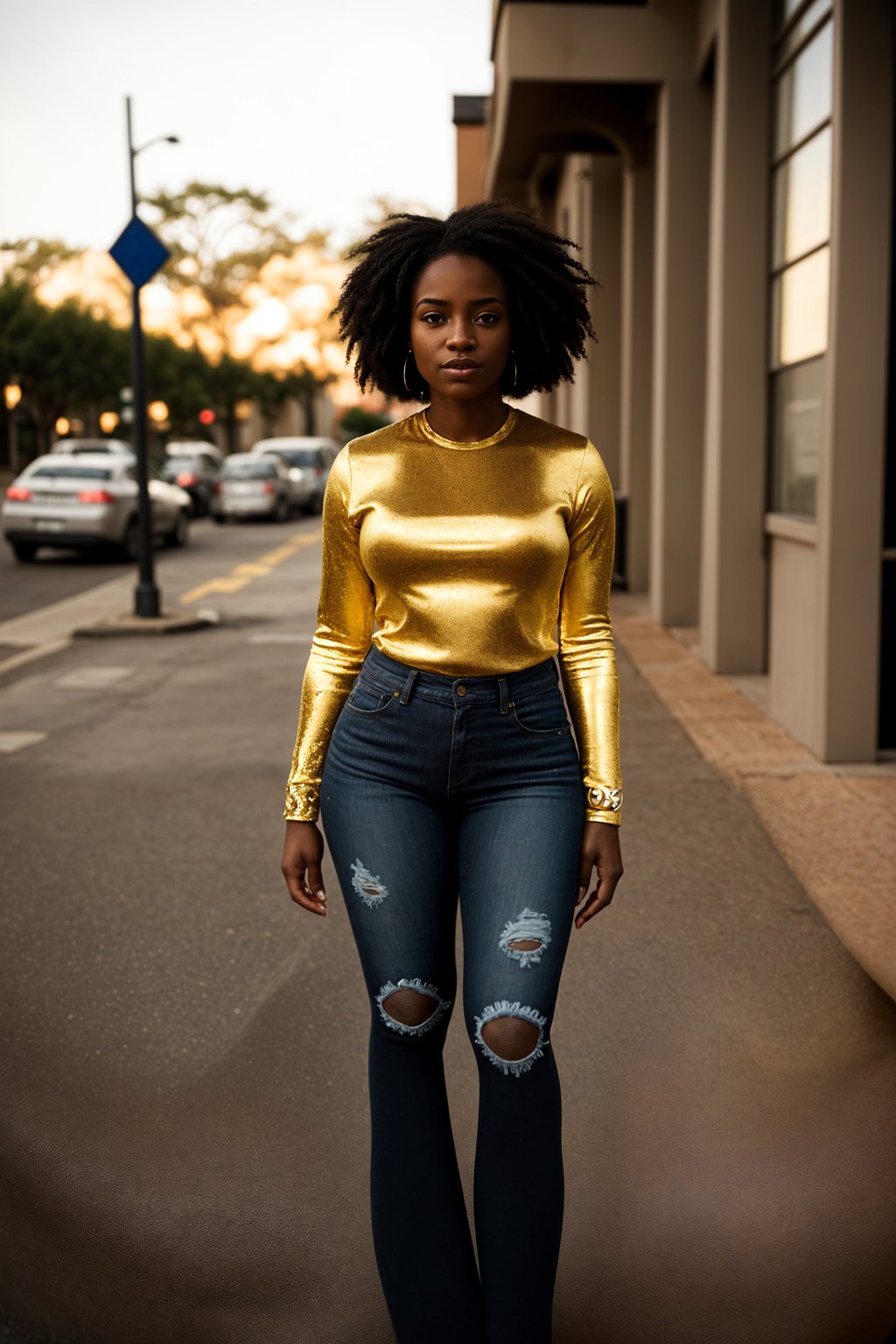 full body shot of smiling woman in engagement photoshoot. engagement style. wearing casual clothes.  golden hour