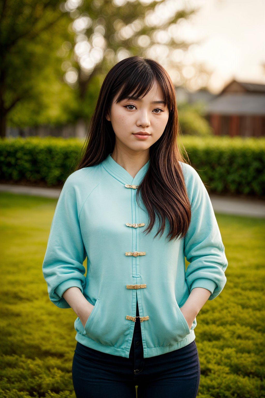 smiling woman in engagement photoshoot. engagement style. wearing casual clothes.  golden hour