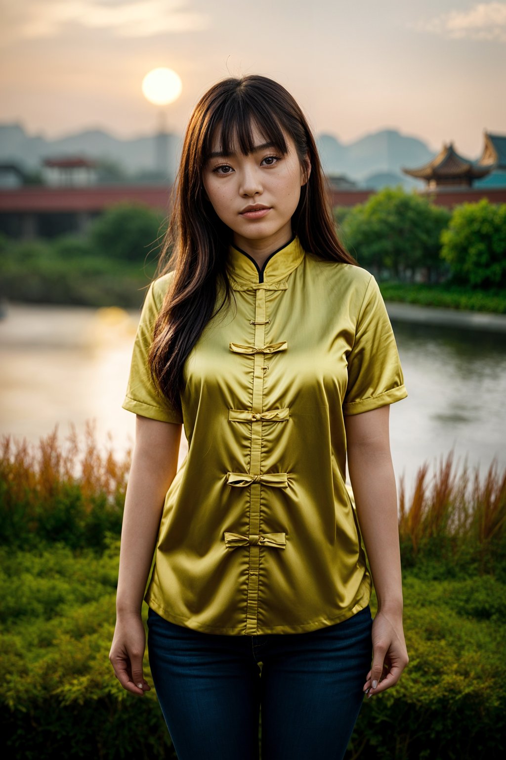 smiling woman in engagement photoshoot. engagement style. wearing casual clothes.  golden hour