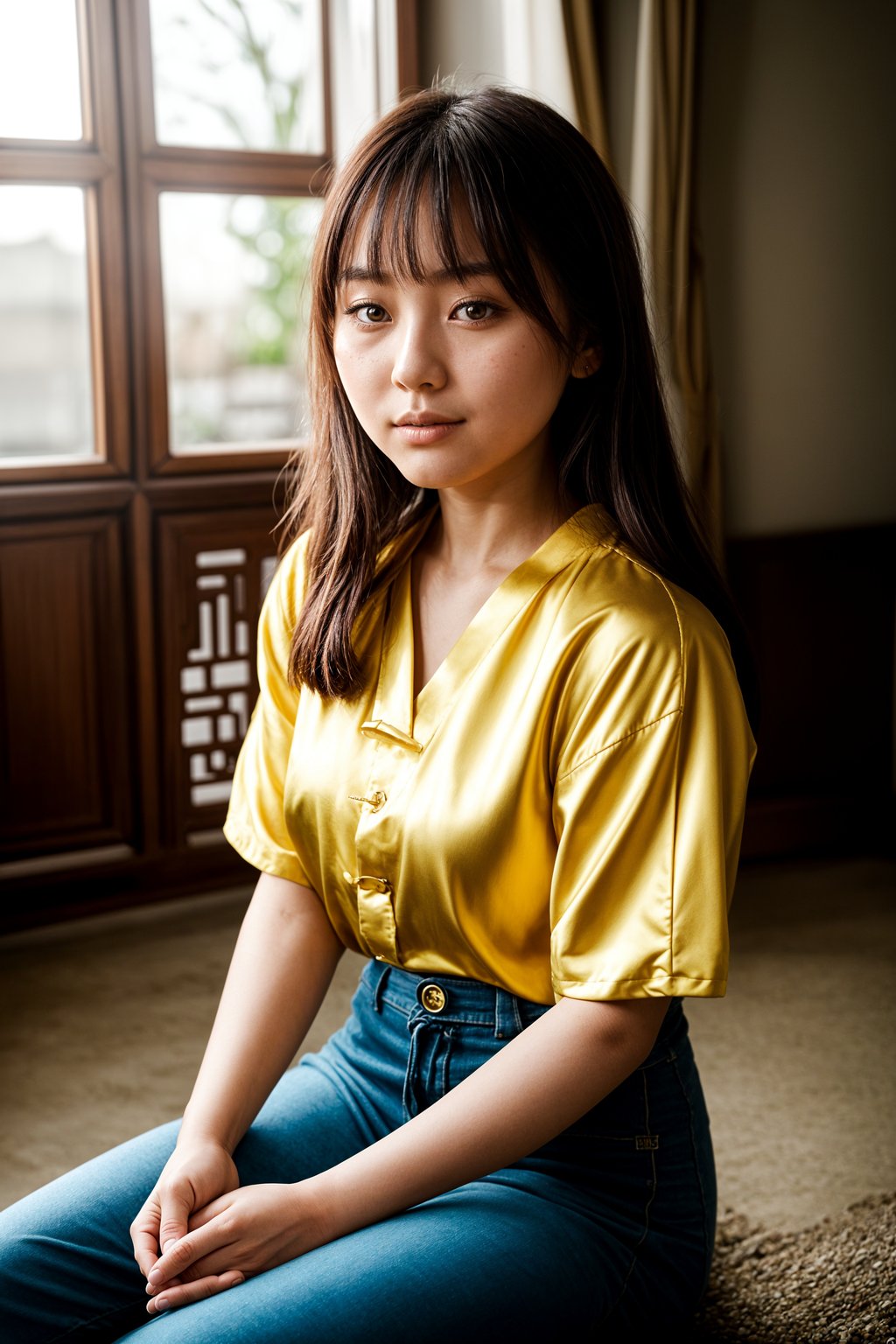 smiling woman in engagement photoshoot. engagement style. wearing casual clothes.  golden hour