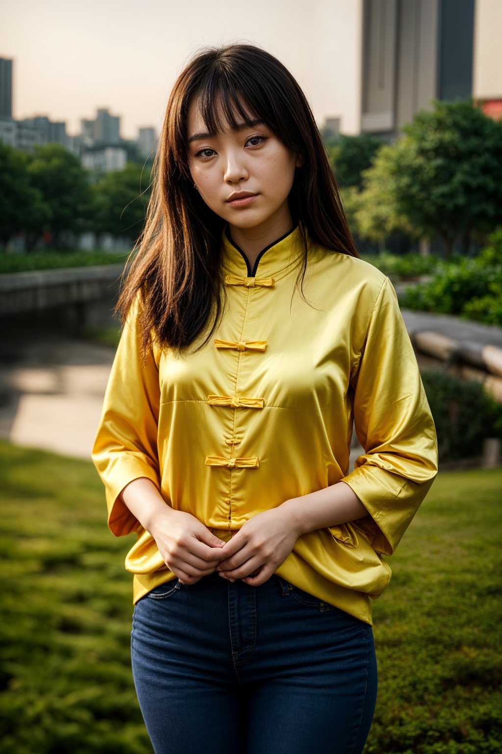 smiling woman in engagement photoshoot. engagement style. wearing casual clothes.  golden hour