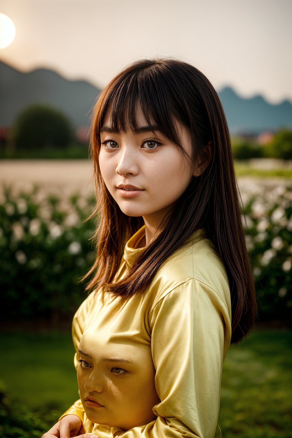 smiling woman in engagement photoshoot. engagement style. wearing casual clothes.  golden hour