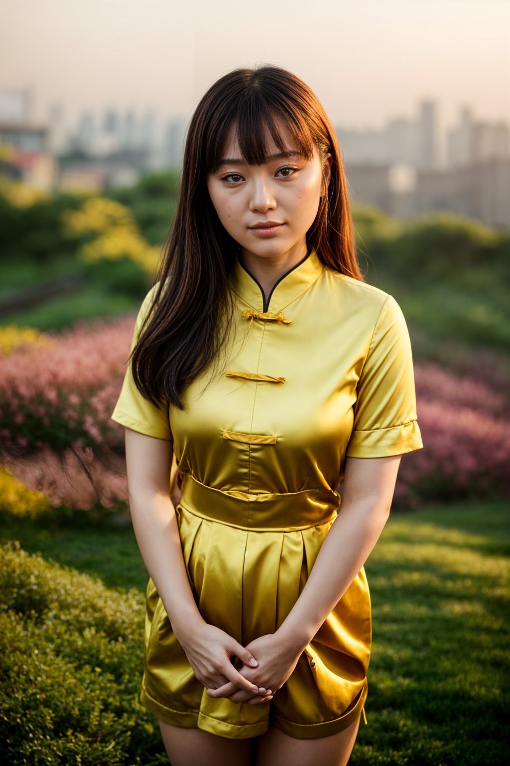 full body shot of smiling woman in engagement photoshoot. engagement style. wearing casual clothes.  golden hour