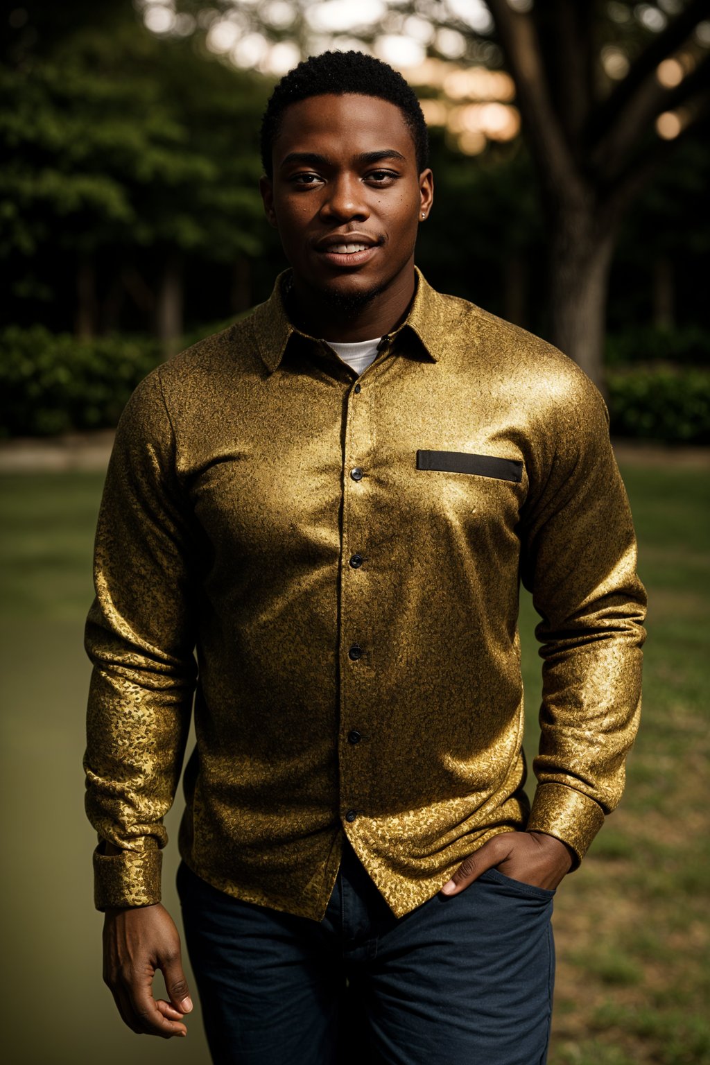 smiling man in engagement photoshoot. engagement style. wearing casual clothes.  golden hour