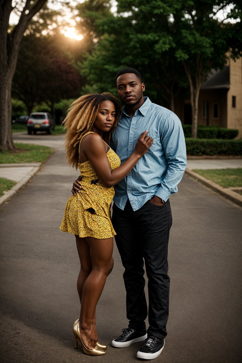 full body shot of smiling man in engagement photoshoot. engagement style. wearing casual clothes.  golden hour