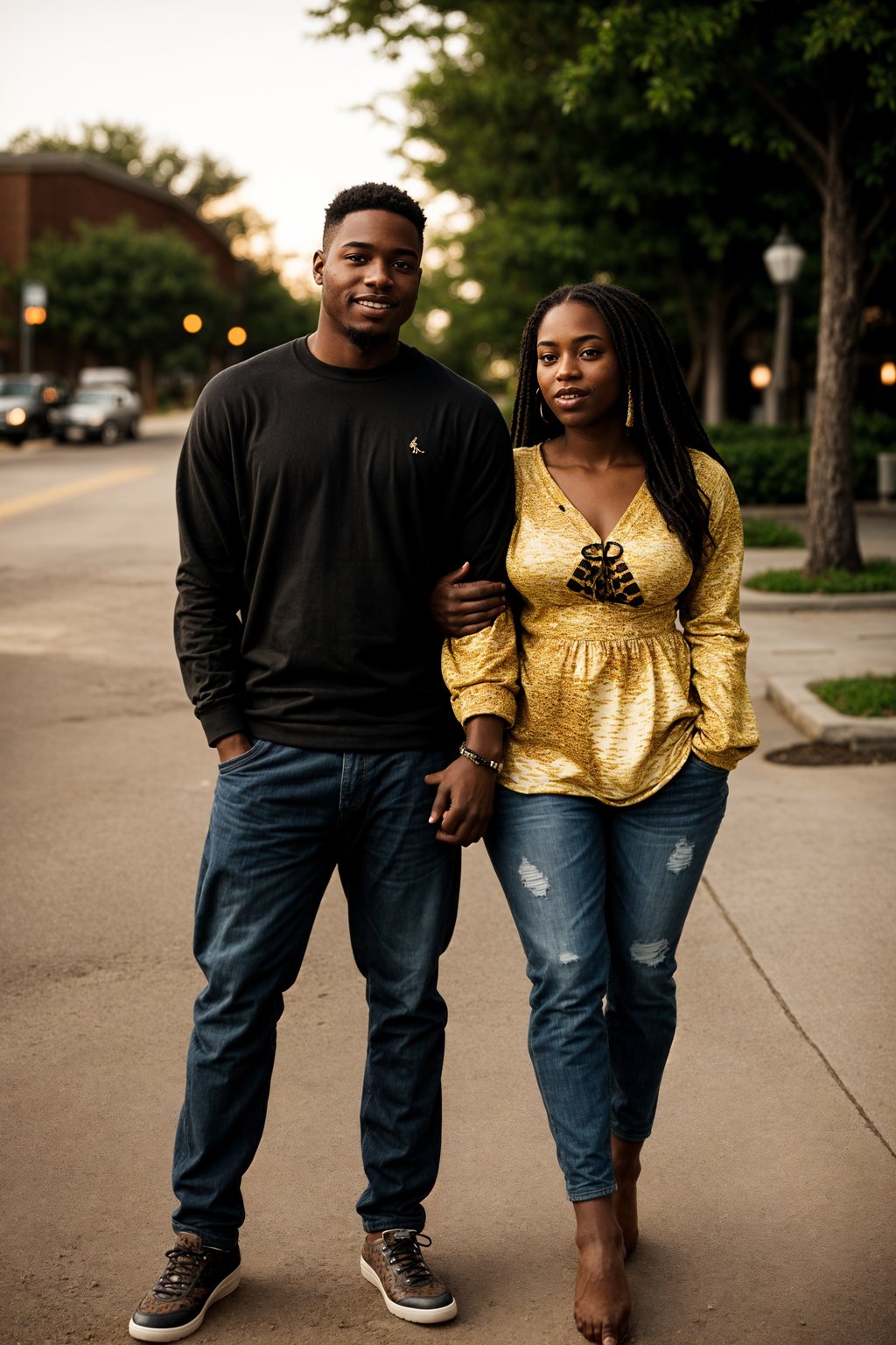 full body shot of smiling man in engagement photoshoot. engagement style. wearing casual clothes.  golden hour