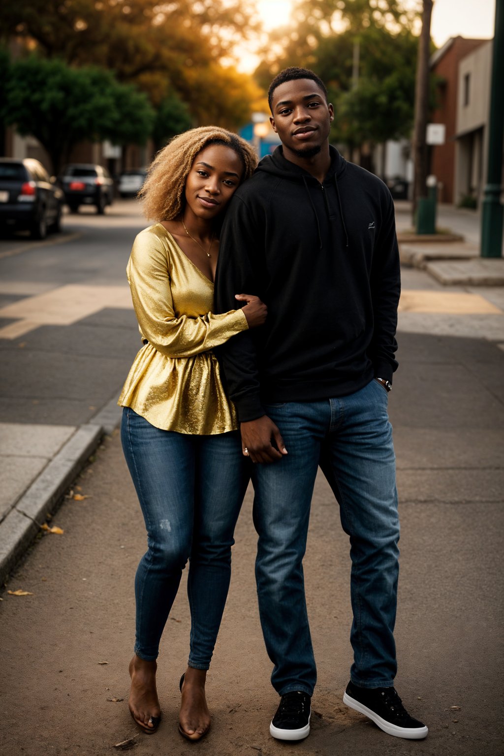 full body shot of smiling man in engagement photoshoot. engagement style. wearing casual clothes.  golden hour