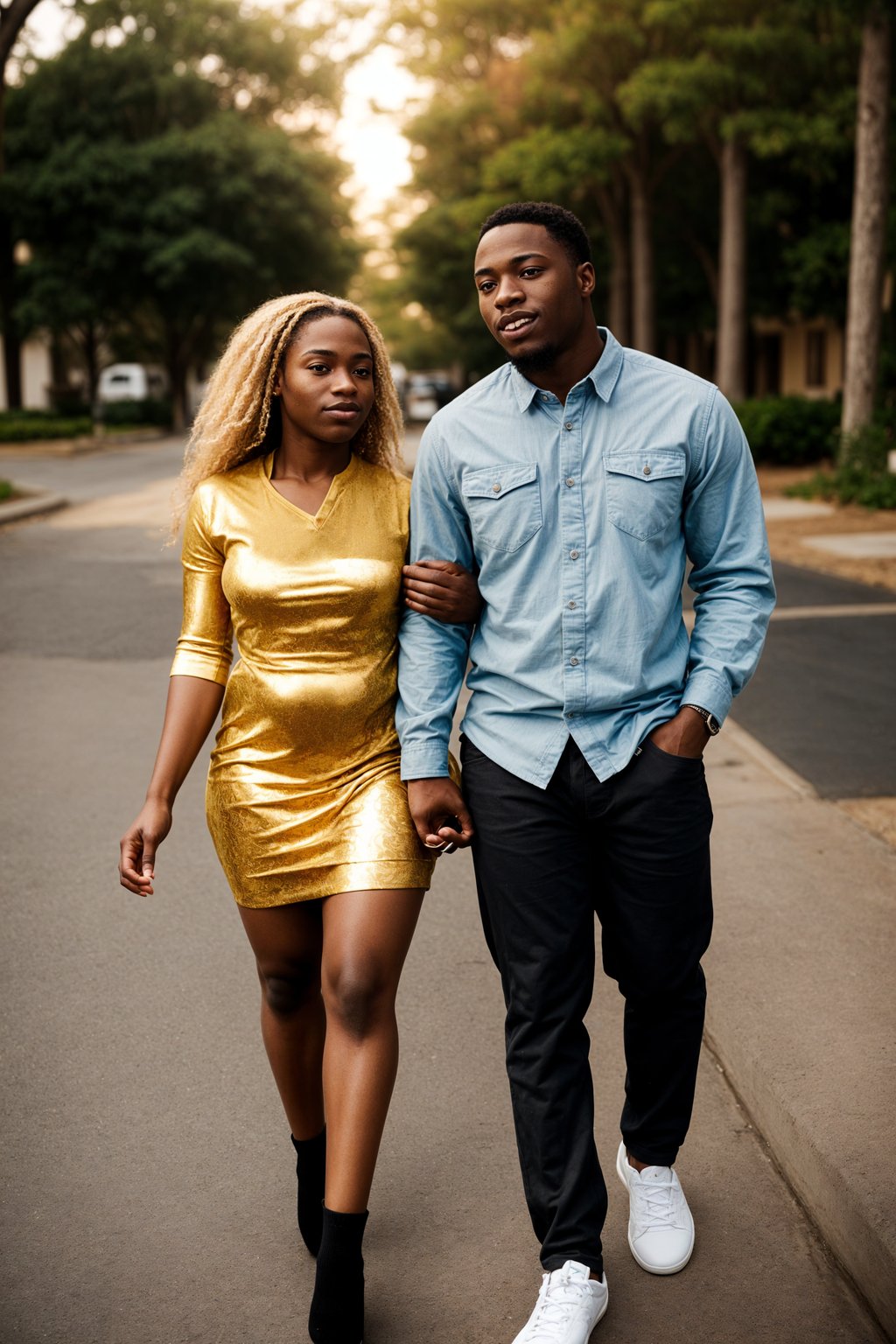 full body shot of smiling man in engagement photoshoot. engagement style. wearing casual clothes.  golden hour