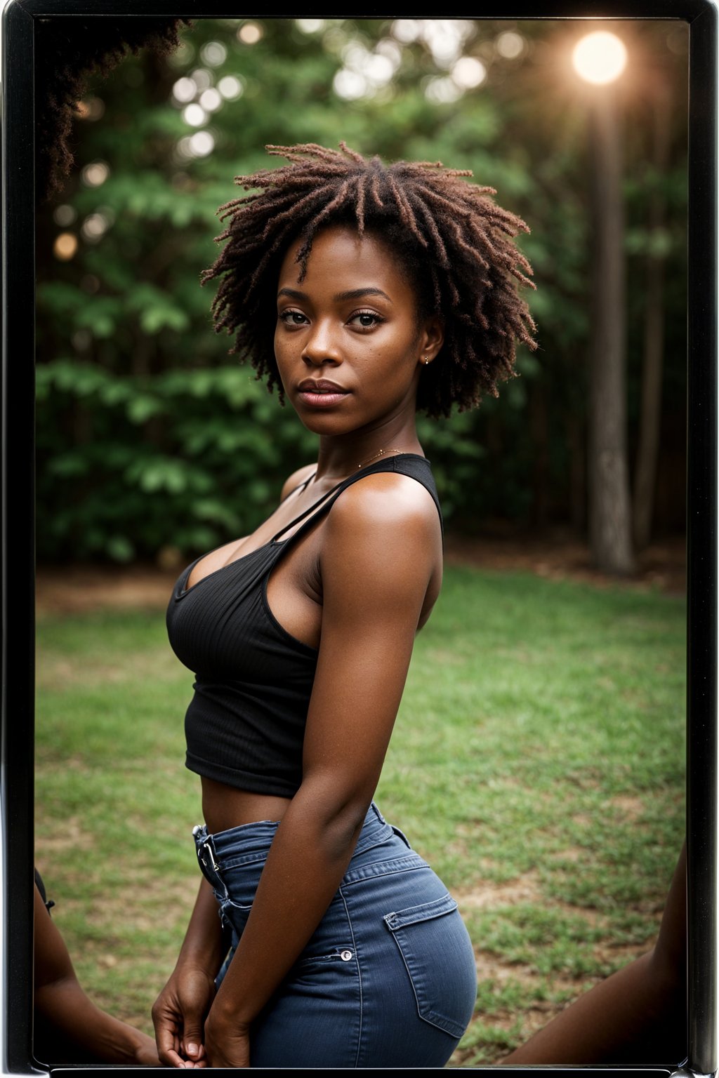 woman in polaroid classic photograph posing for photo outside