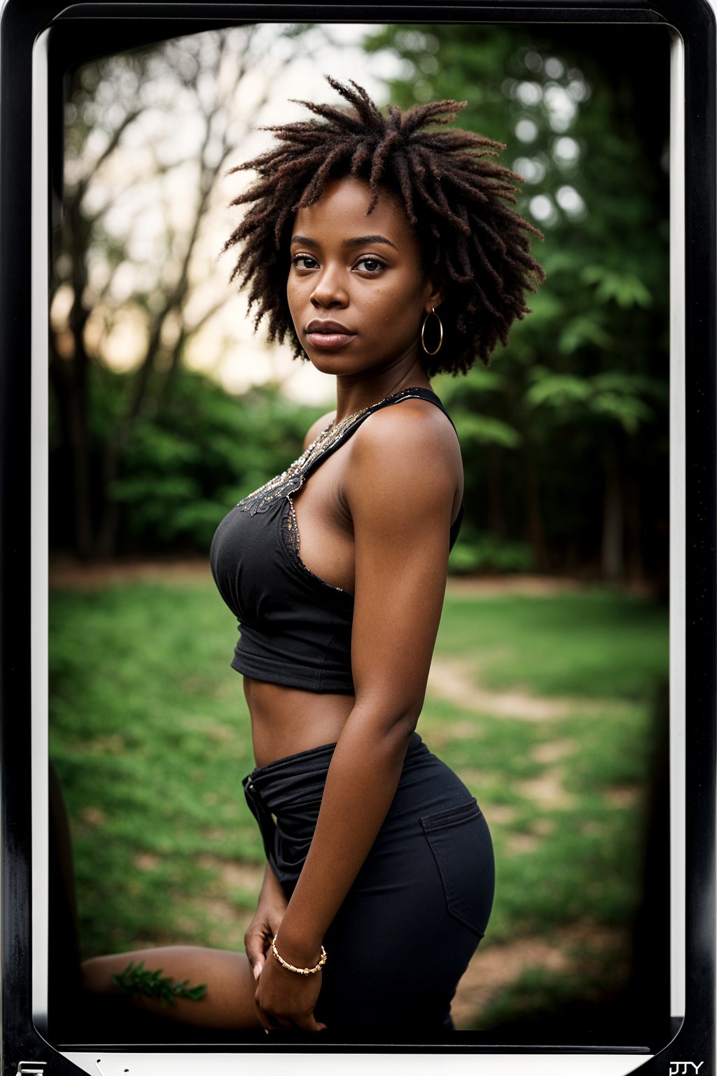 woman in polaroid classic photograph posing for photo outside