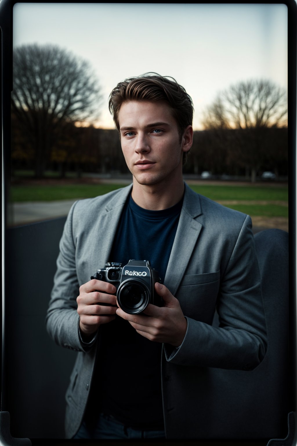 man in polaroid classic photograph posing for photo outside