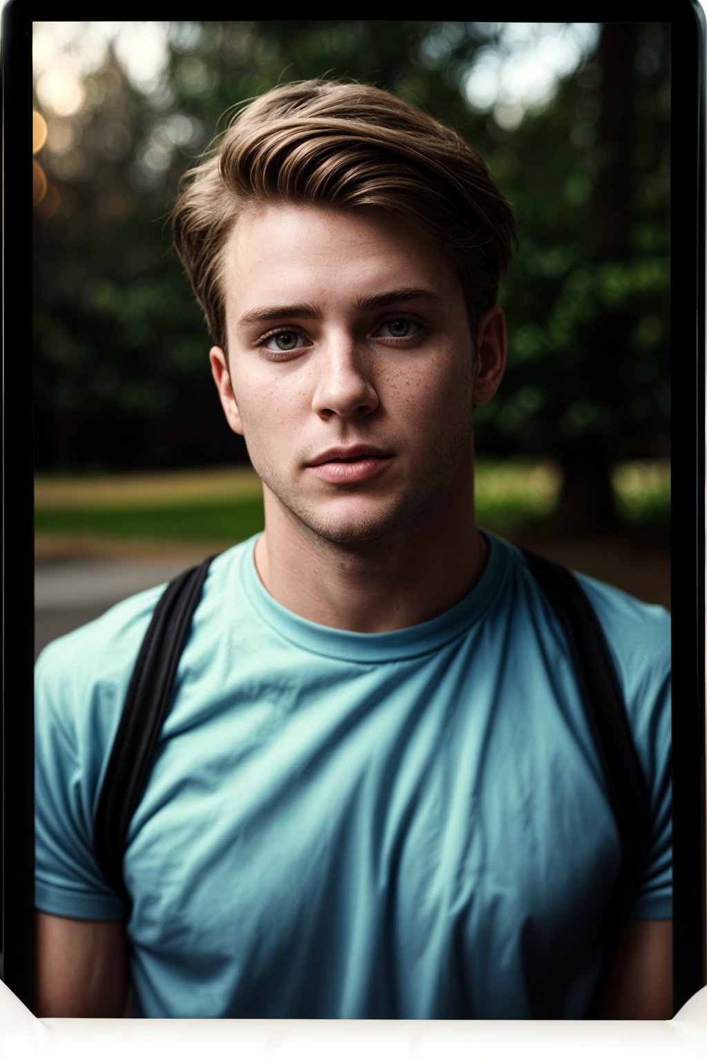 man in polaroid classic photograph posing for photo outside