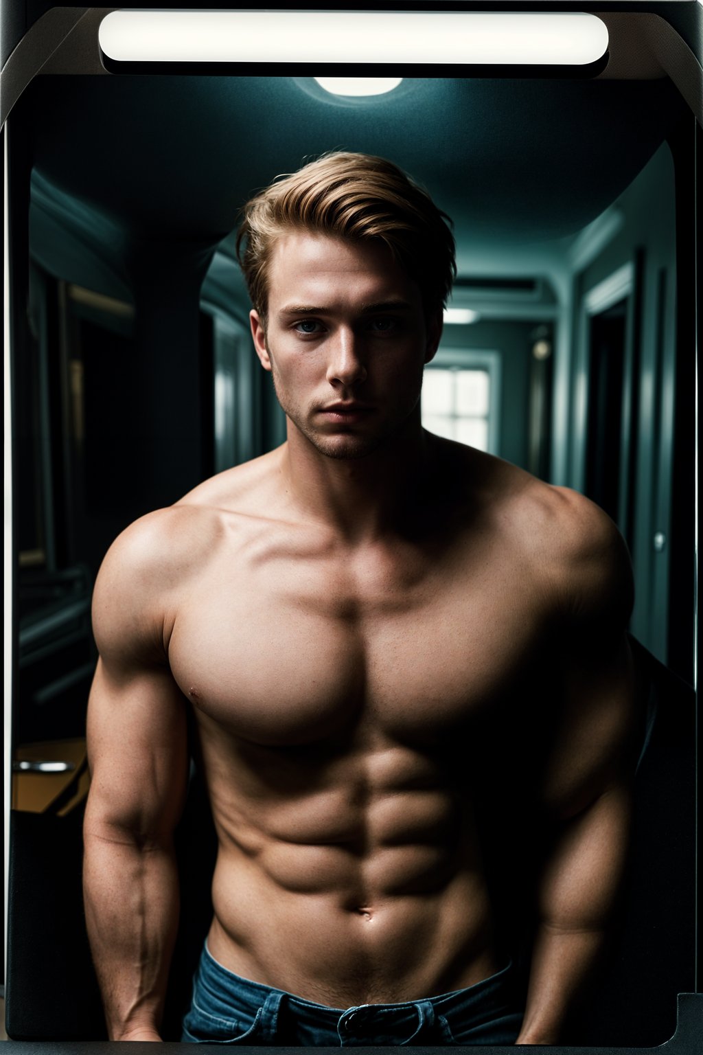 man in polaroid classic photograph posing for photo indoors