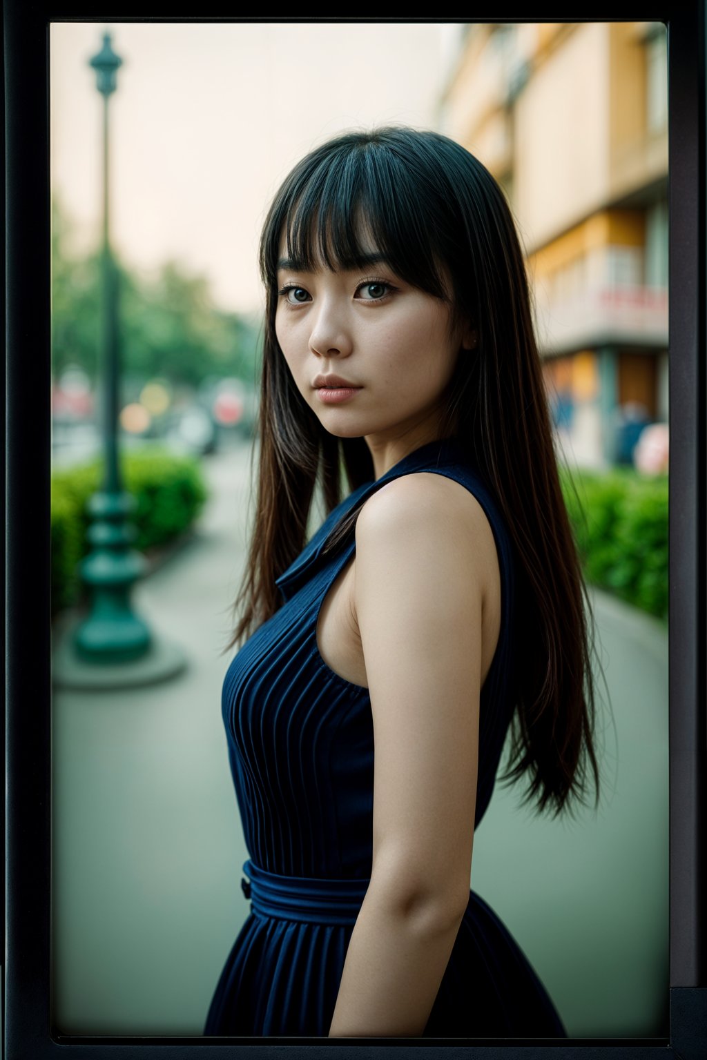 woman in polaroid classic photograph posing for photo outside