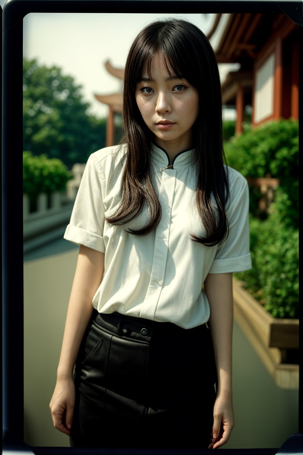 woman in polaroid classic photograph posing for photo outside