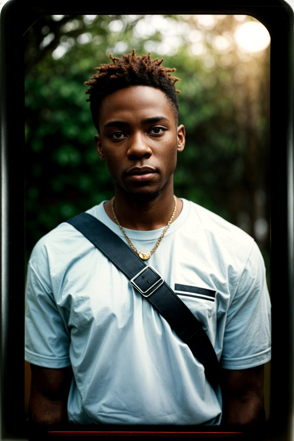 man in polaroid classic photograph posing for photo outside