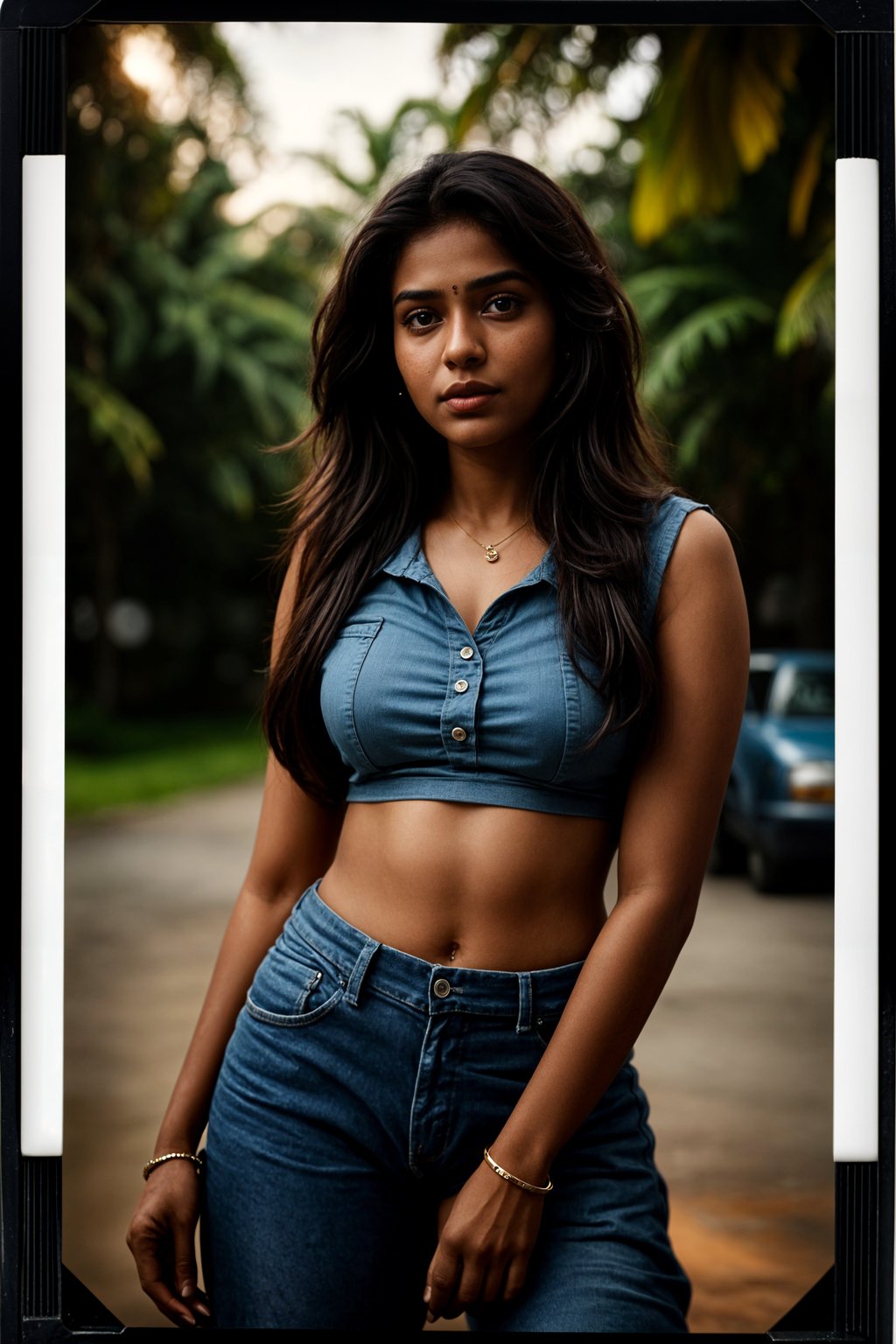 woman in polaroid classic photograph posing for photo outside