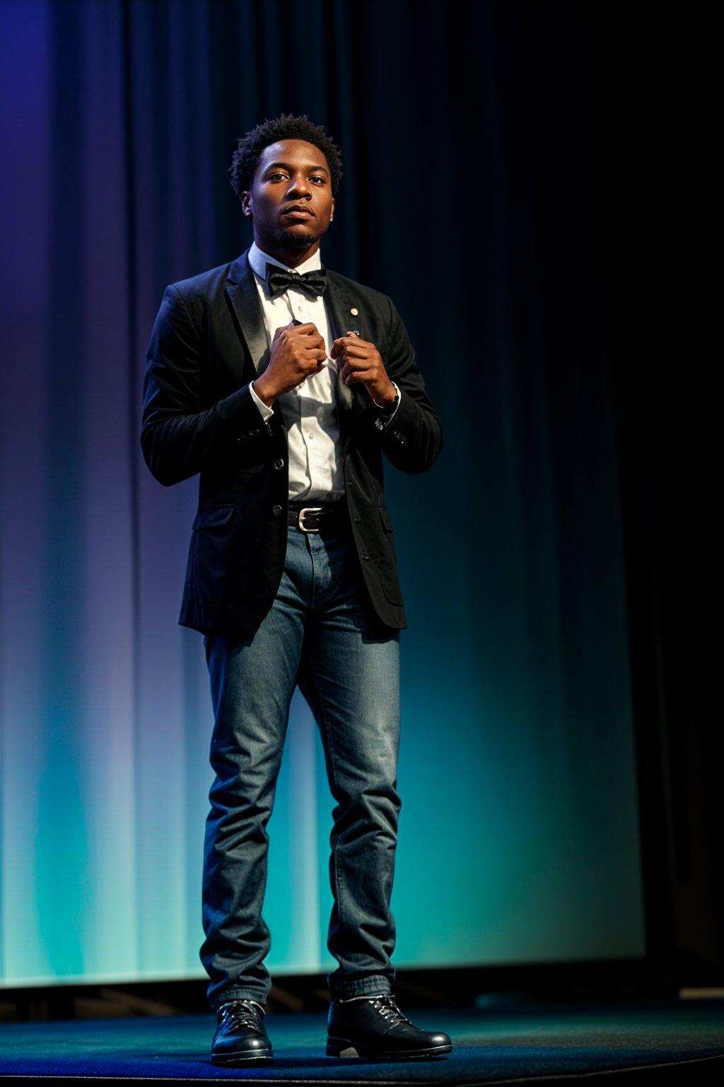 man as a conference keynote speaker standing on stage at a conference