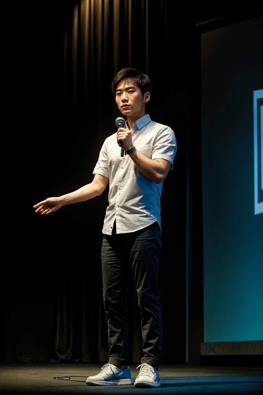 man as a conference keynote speaker standing on stage at a conference