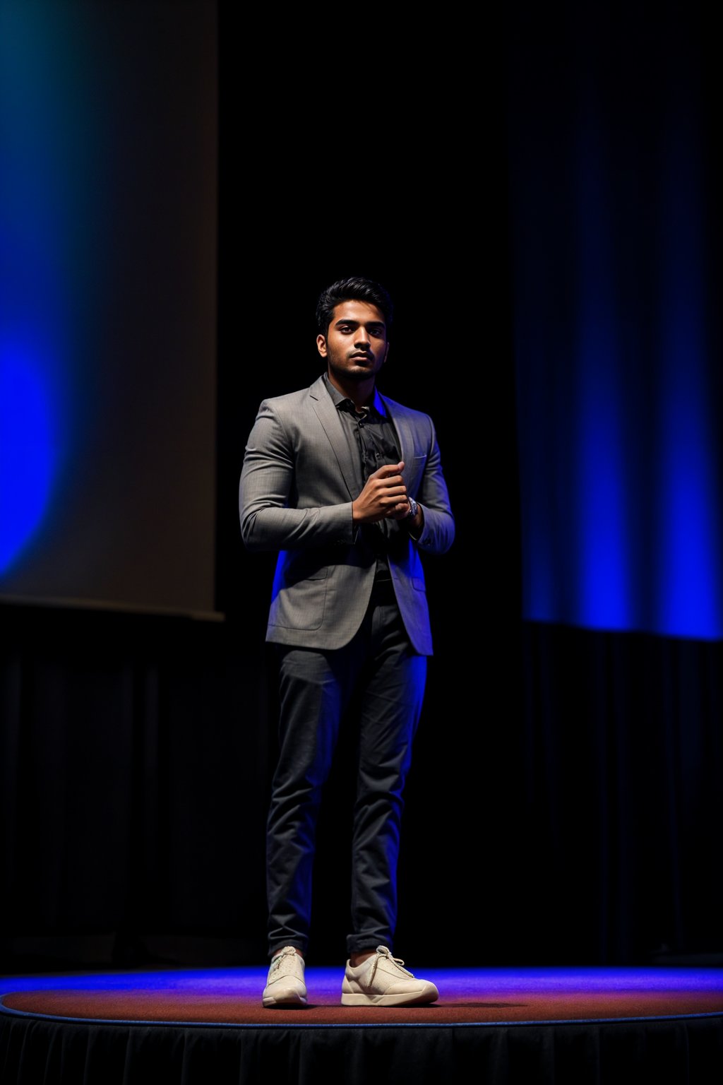 man as a conference keynote speaker standing on stage at a conference