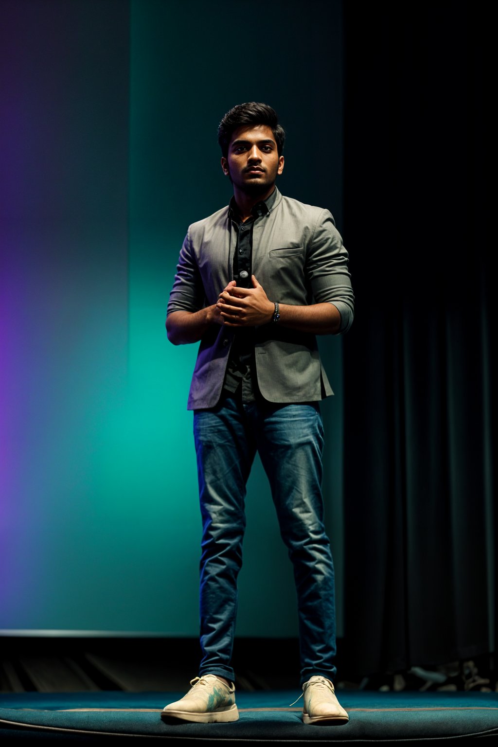 man as a conference keynote speaker standing on stage at a conference