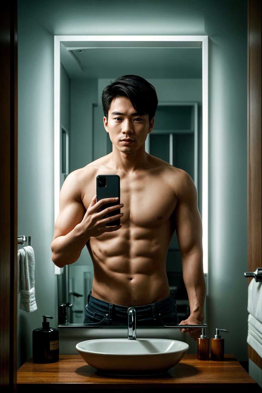 beautiful man taking a selfie in bathroom mirror