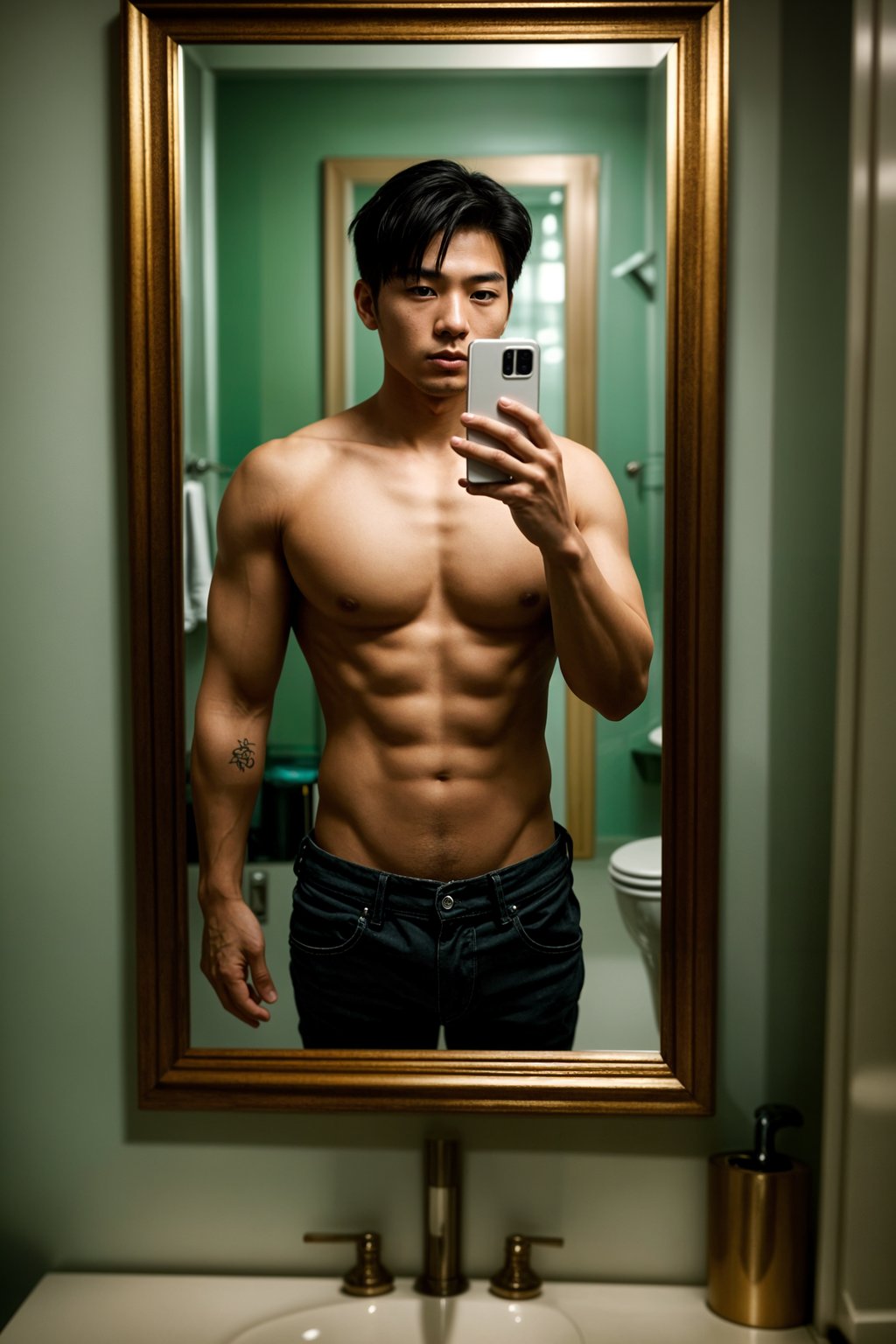 beautiful man taking a selfie in bathroom mirror