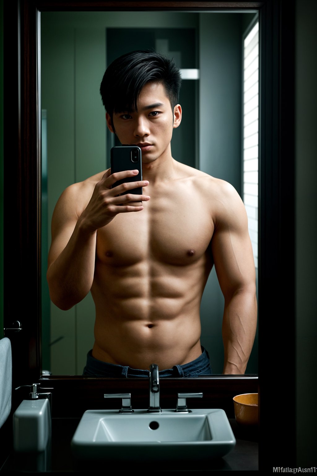 beautiful man taking a selfie in bathroom mirror