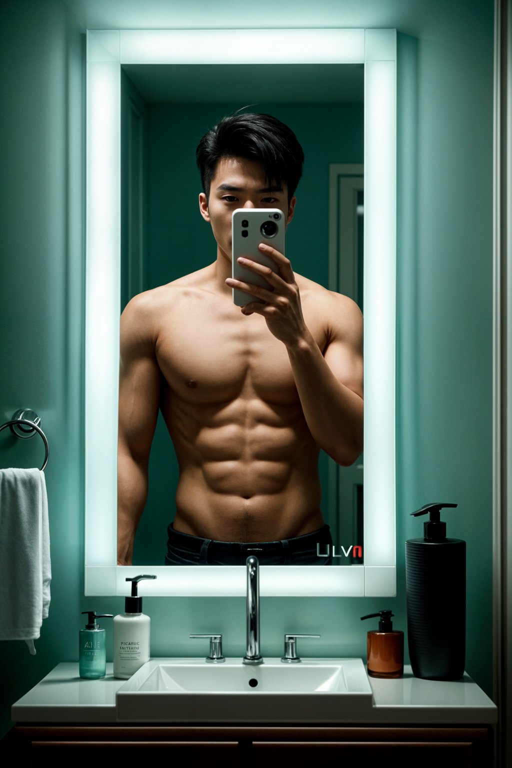 beautiful man taking a selfie in bathroom mirror