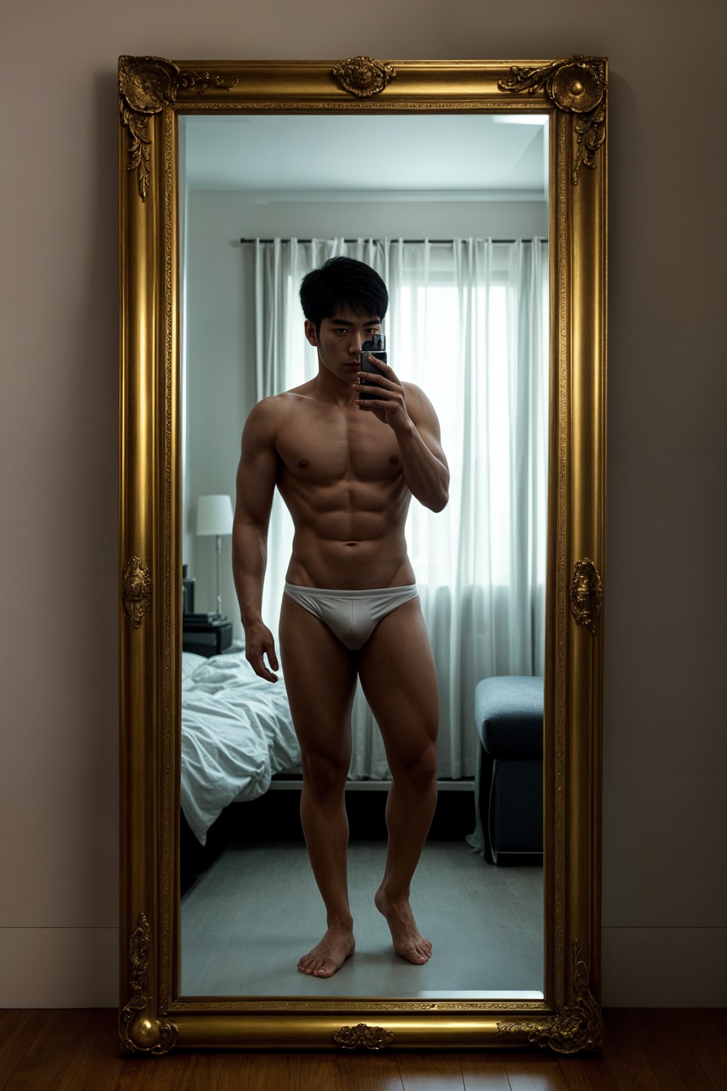 beautiful man taking a selfie in bedroom mirror