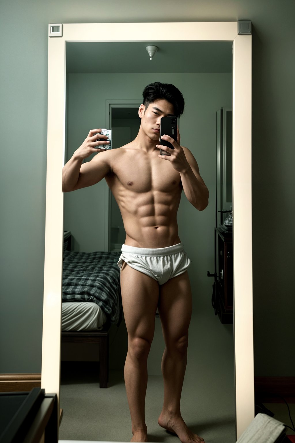 beautiful man taking a selfie in bedroom mirror