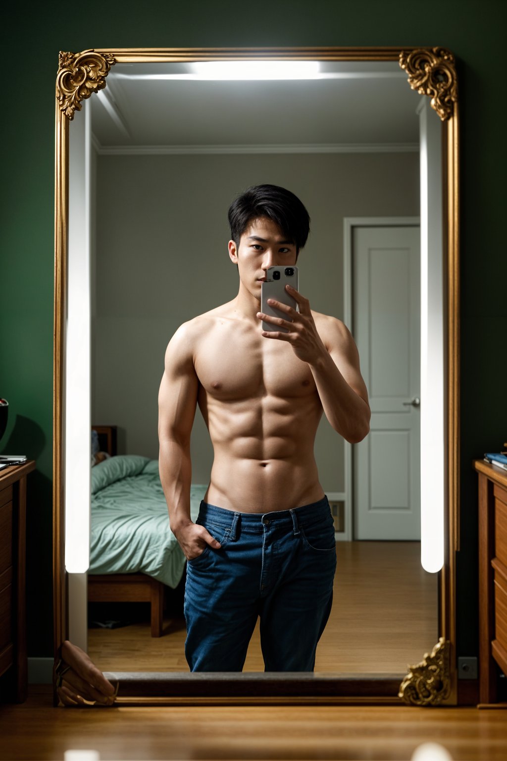 beautiful man taking a selfie in bedroom mirror