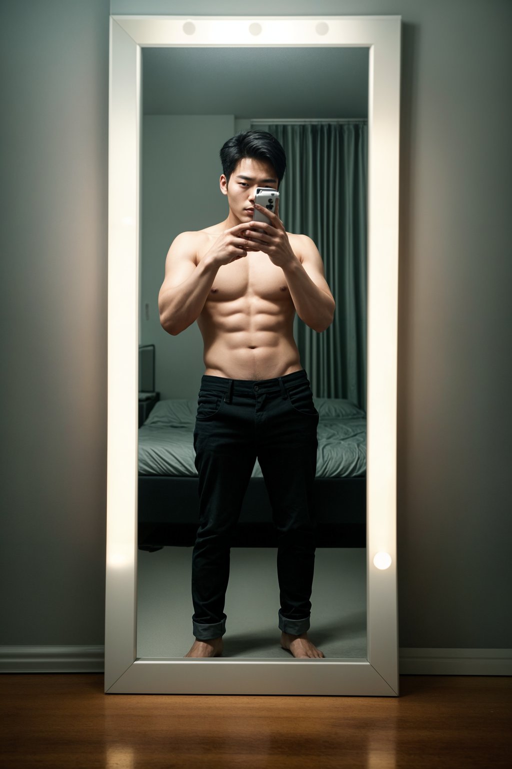 beautiful man taking a selfie in bedroom mirror