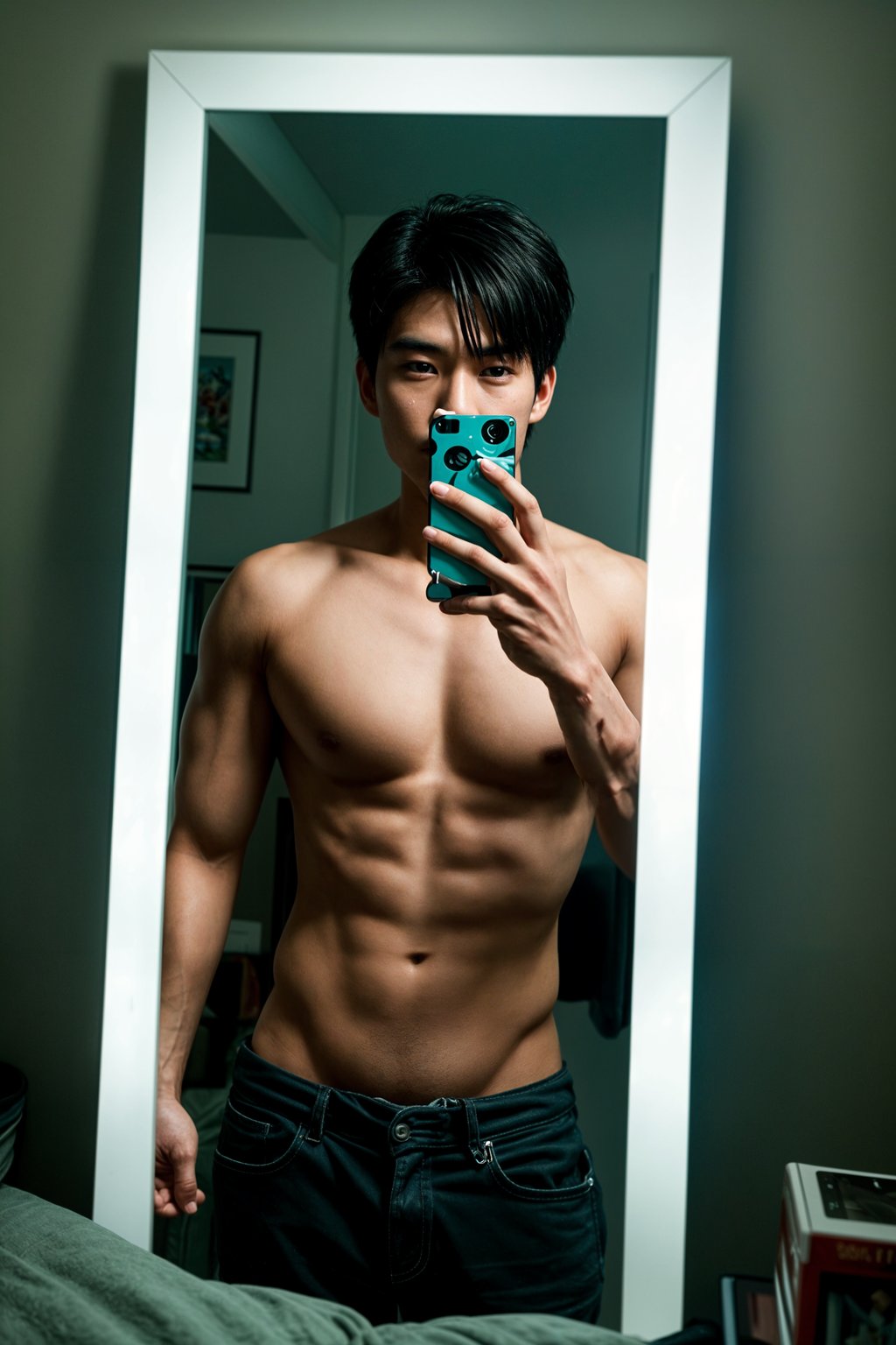 beautiful man taking a selfie in bedroom mirror