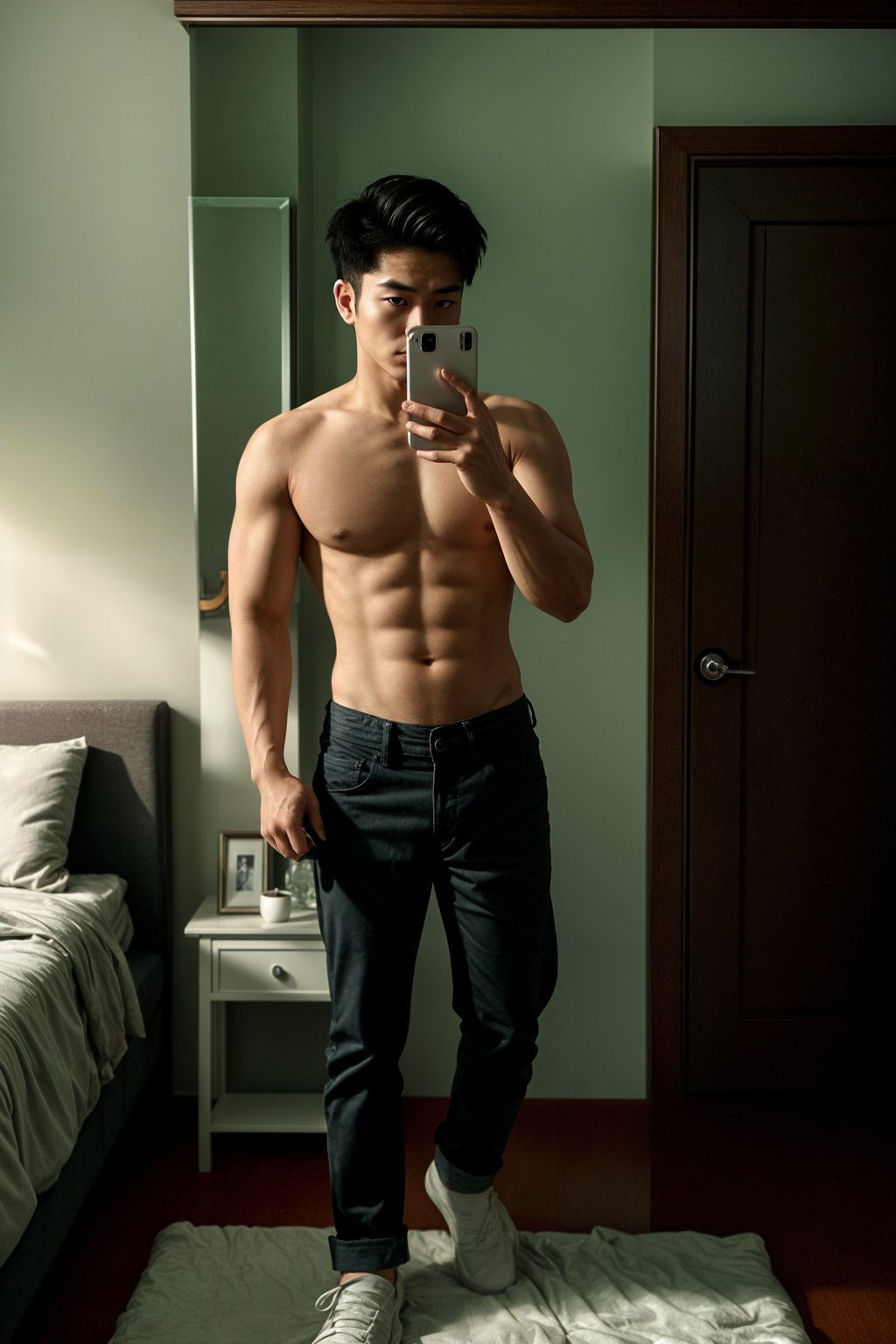 beautiful man taking a selfie in bedroom mirror