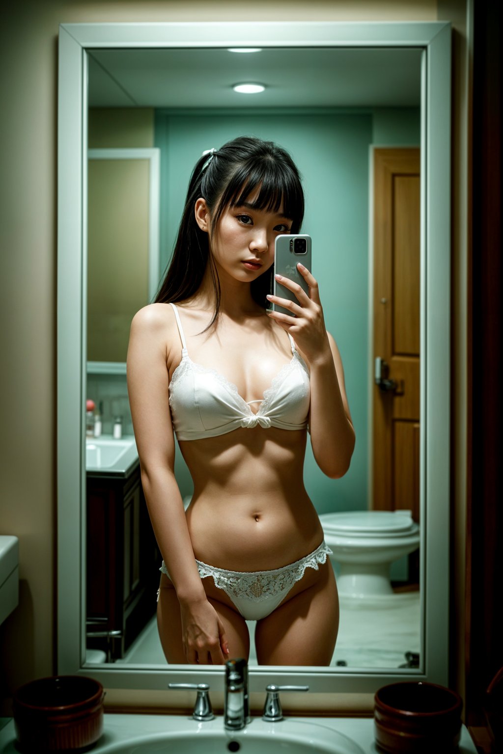 beautiful woman taking a selfie in bathroom mirror