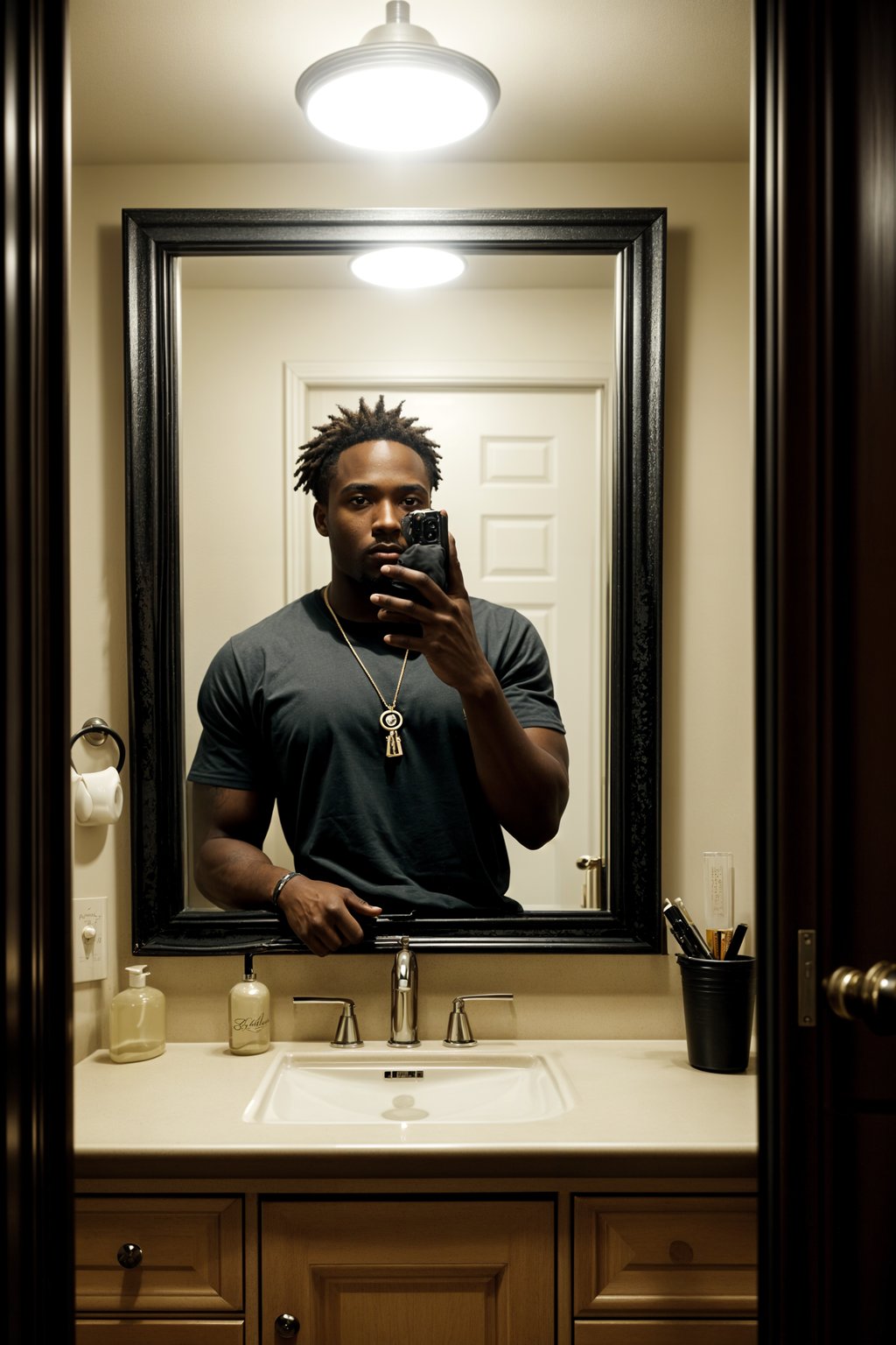 beautiful man taking a selfie in bathroom mirror