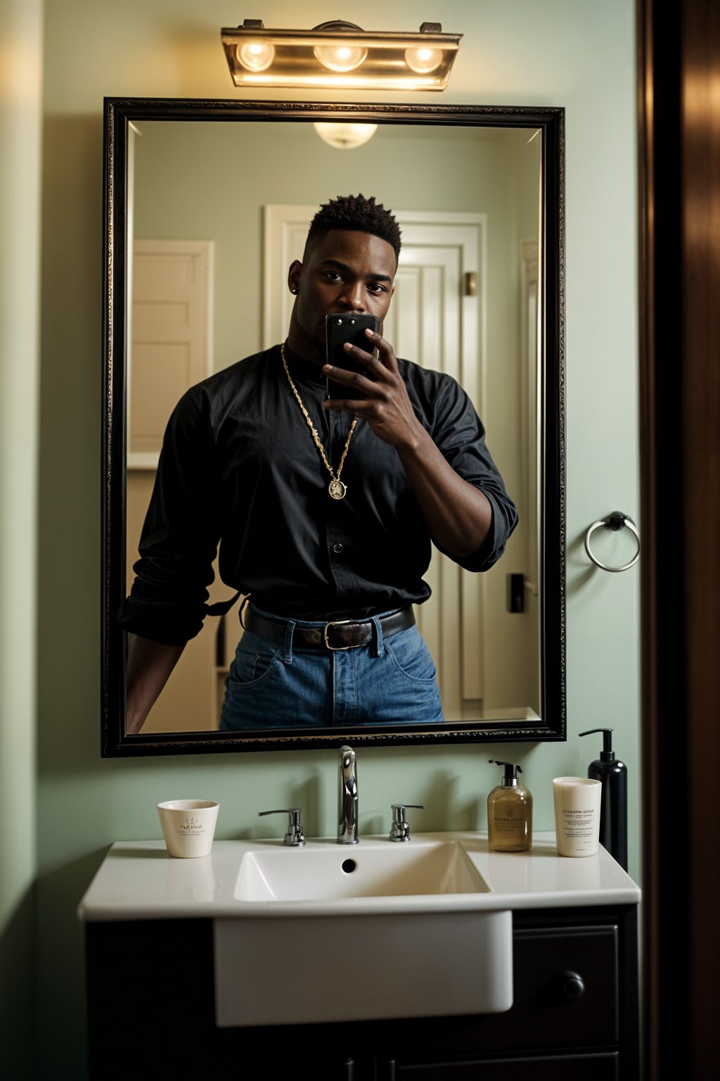 beautiful man taking a selfie in bathroom mirror