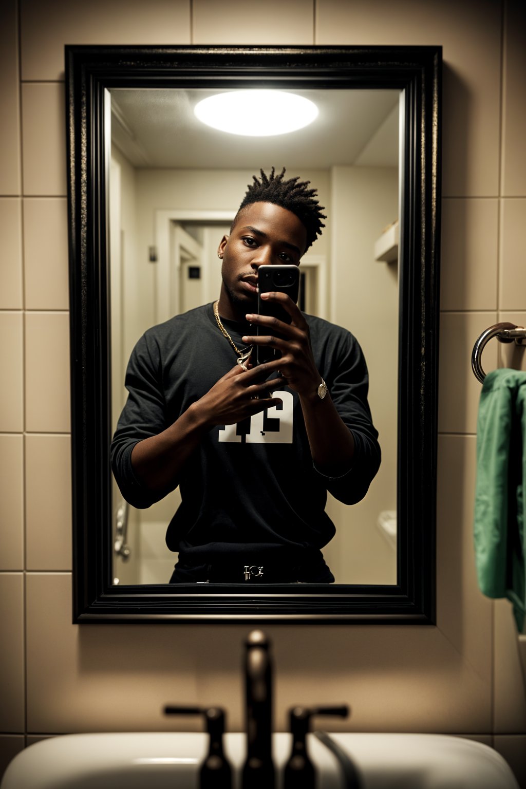 beautiful man taking a selfie in bathroom mirror