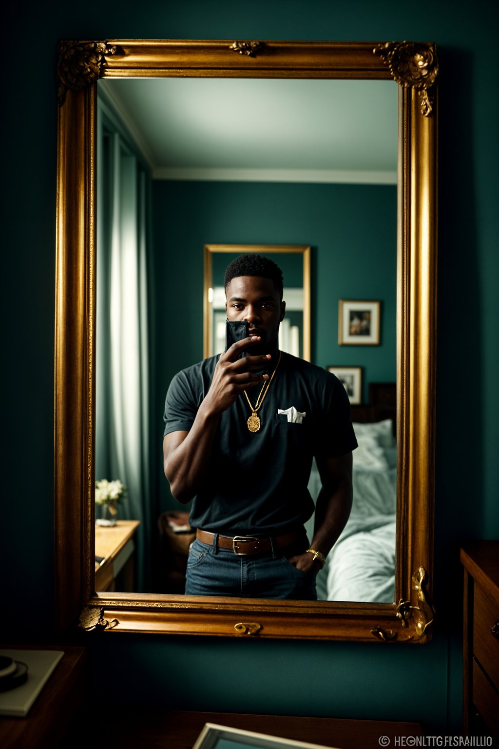 beautiful man taking a selfie in bedroom mirror