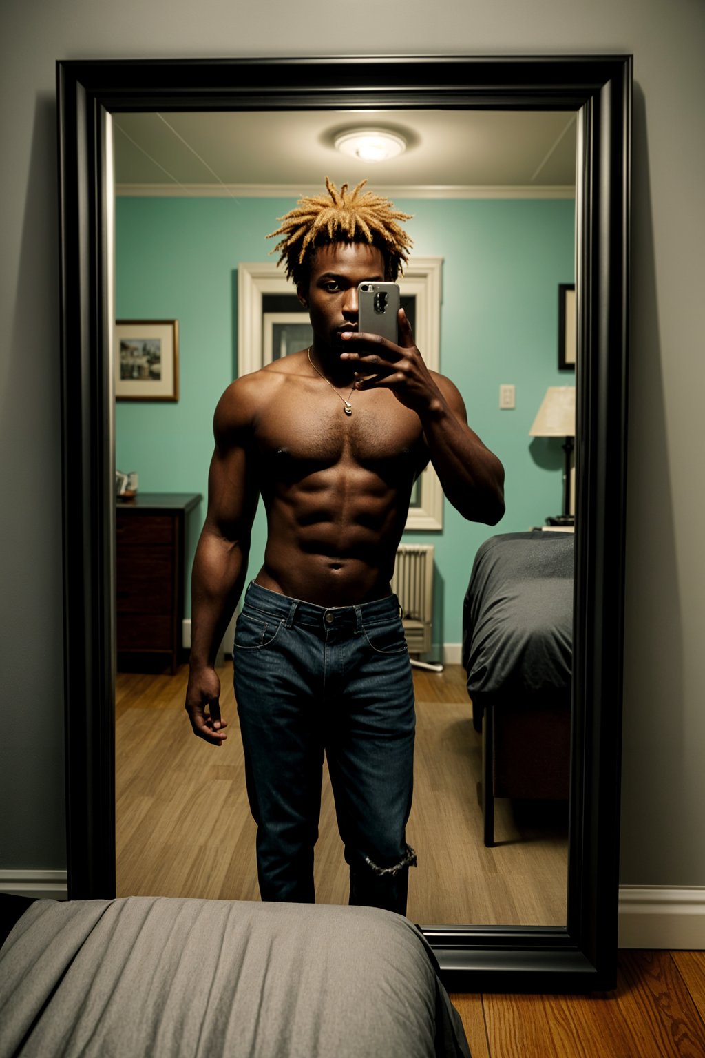 beautiful man taking a selfie in bedroom mirror