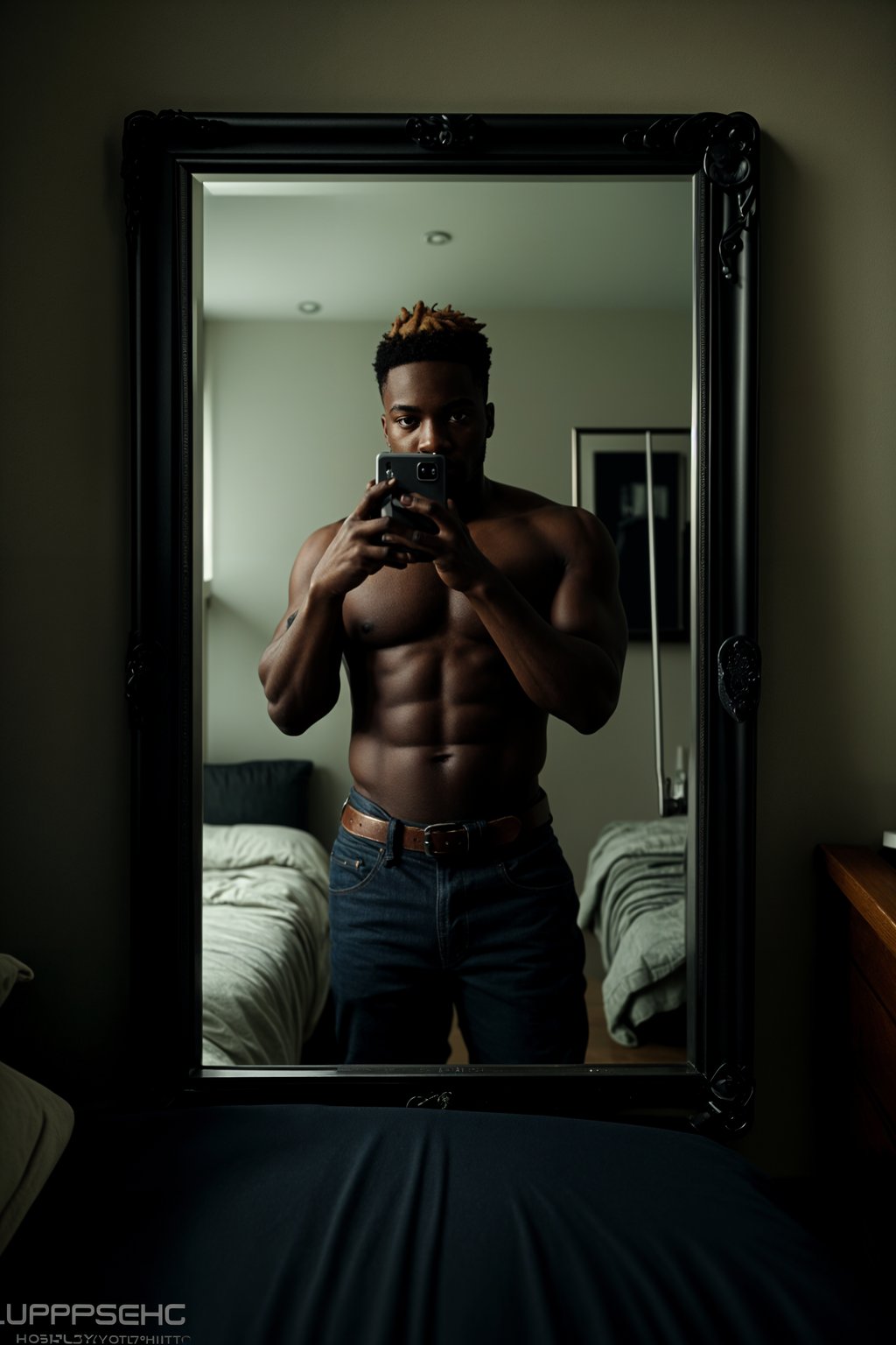 beautiful man taking a selfie in bedroom mirror