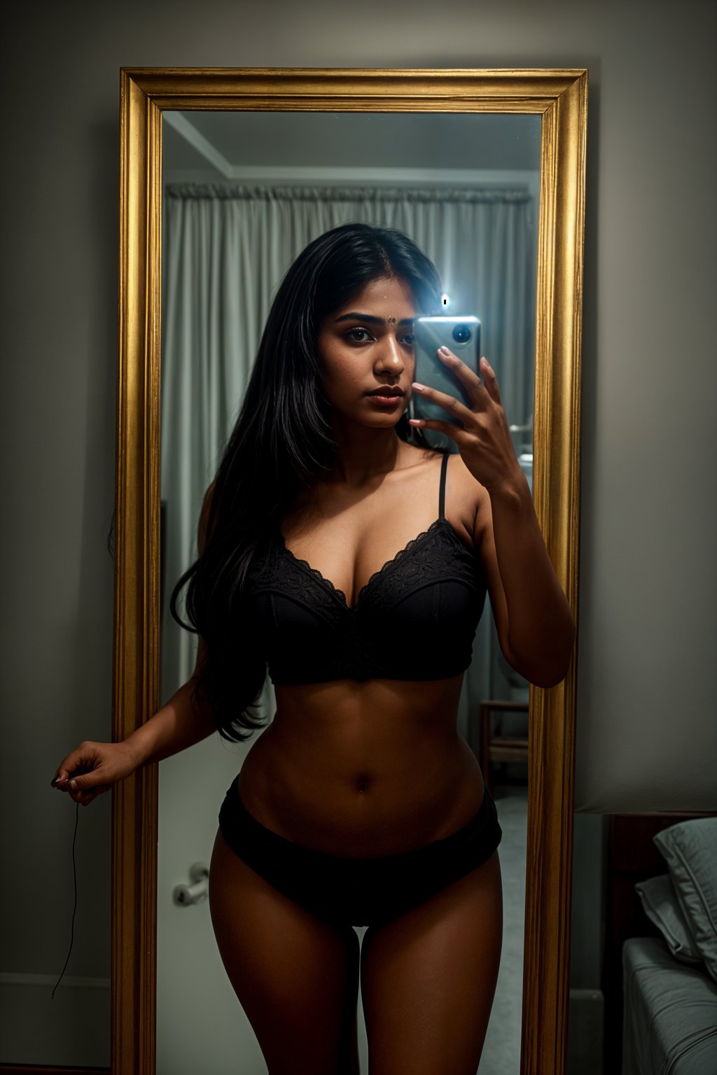 beautiful woman taking a selfie in bedroom mirror