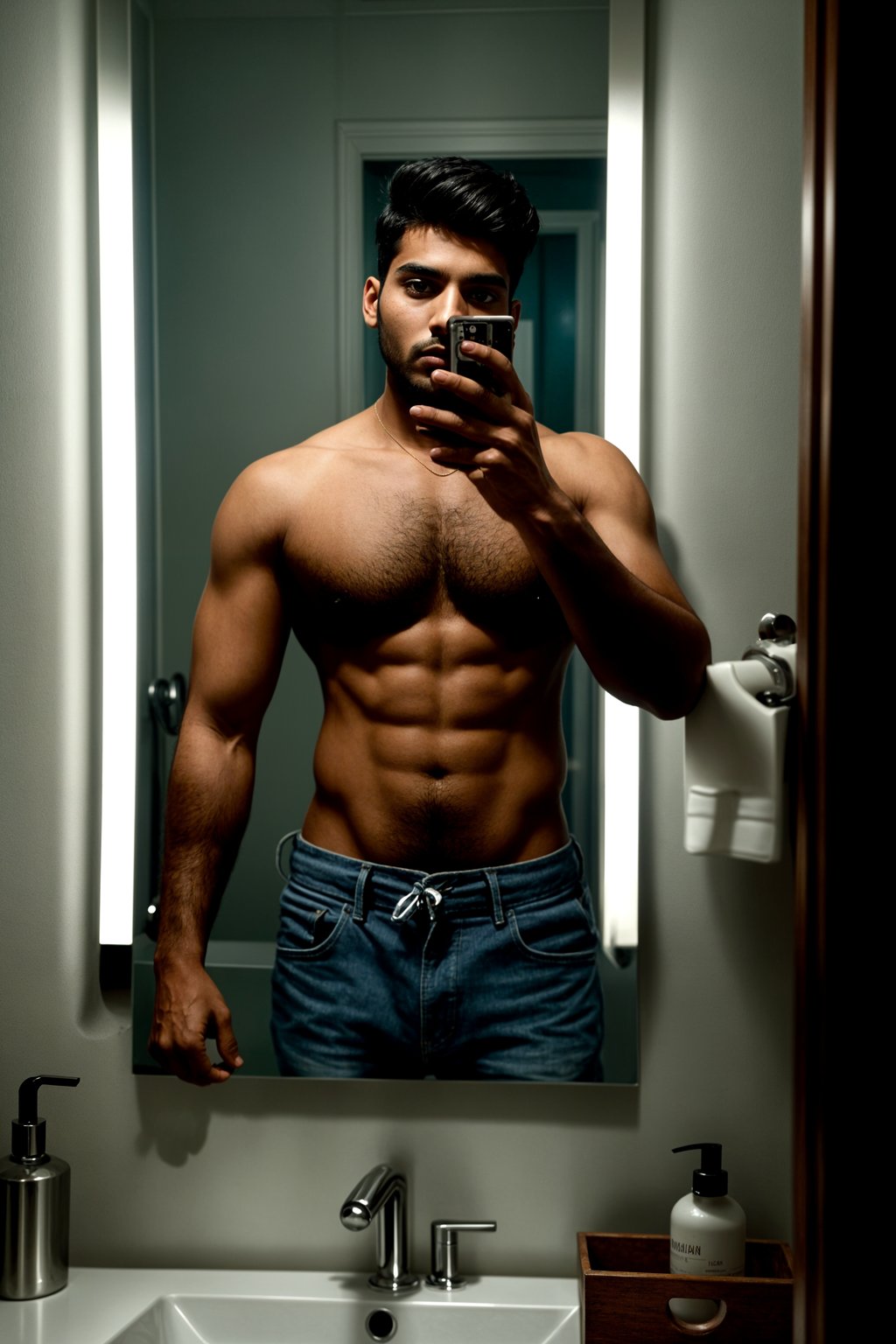 beautiful man taking a selfie in bathroom mirror