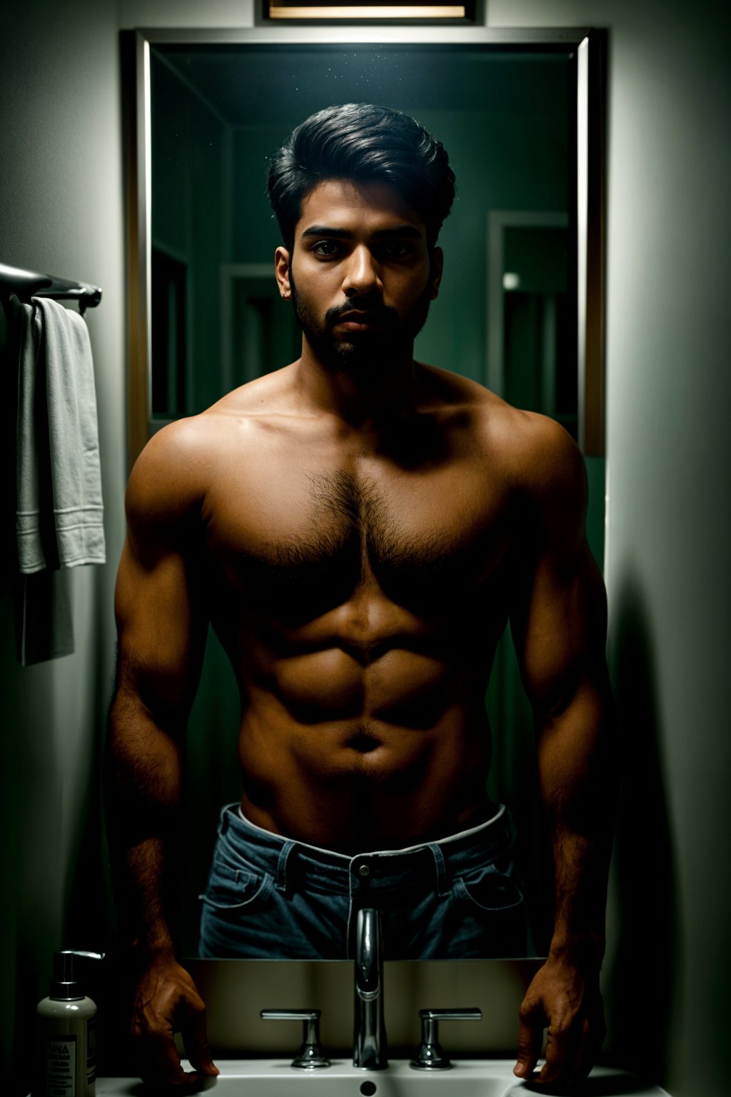 beautiful man taking a selfie in bathroom mirror